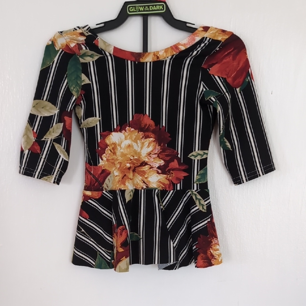 Toddler Floral Striped Top - Black and Red